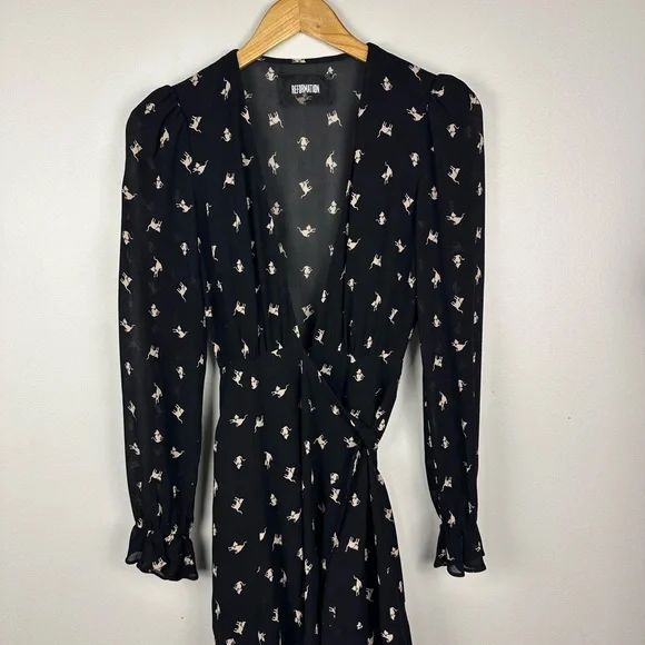 Reformation Whitby Wrap Gato Cat Print V Neck Mini Dress Women’s Sz XS - Picture 8 of 10